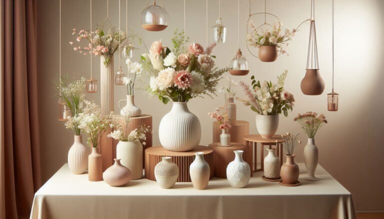 Un exemple de mise en scène avec plusieurs vases, mettant en valeur des arrangements floraux et des éléments décoratifs.